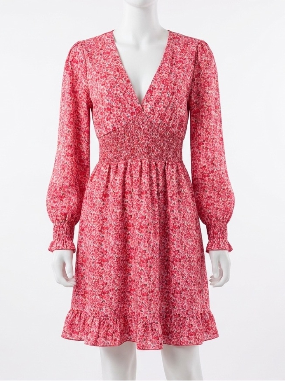 NWOT Made With Love Smocked Floral Peasant Mini Dress Pink Ruffle V-Neck Large